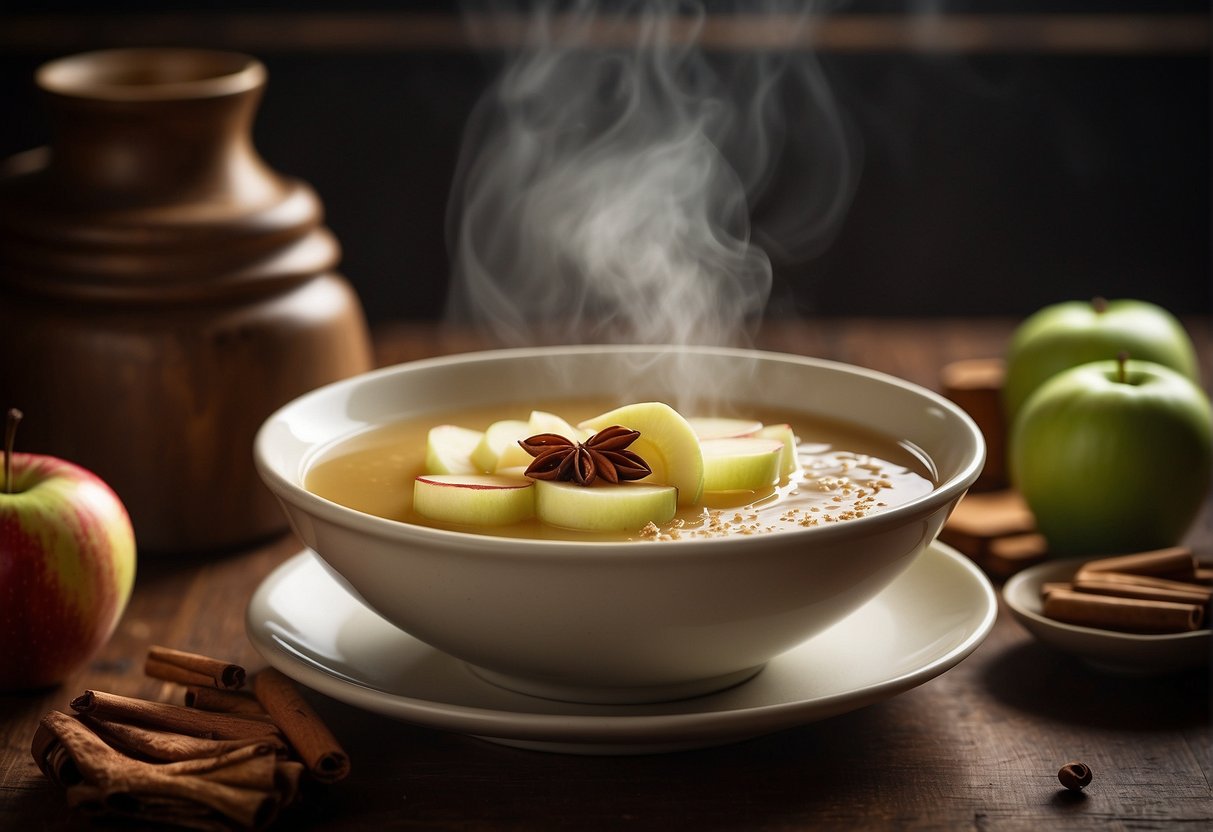 A bowl of steaming apple soup is elegantly garnished with slices of fresh apple and a sprinkle of cinnamon, set on a delicate Chinese-inspired serving platter