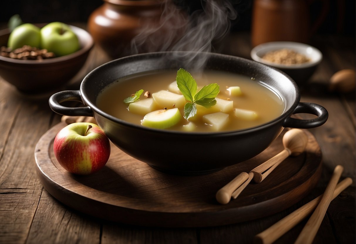 A steaming bowl of apple soup sits on a rustic wooden table, surrounded by traditional Chinese cooking ingredients and utensils