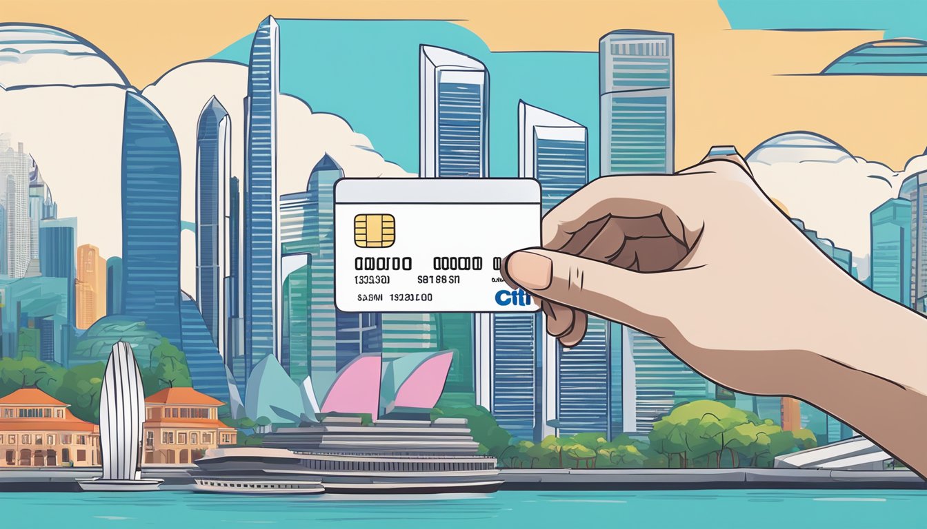 A hand holding a Citi M1 credit card, with a Singapore skyline in the background