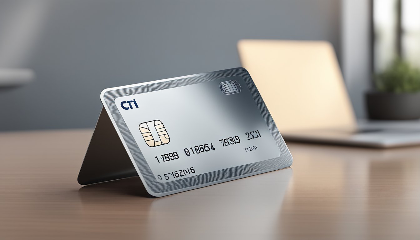 The Citi M1 Card sits on a clean, modern desk. The card's sleek design and metallic accents catch the light, while the Citi logo stands out prominently. The background is a minimalist, sophisticated setting