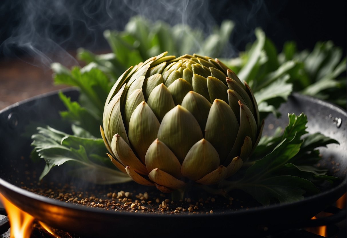 An artichoke being stir-fried with Chinese seasonings in a sizzling wok. Green leaves and a hint of steam rising