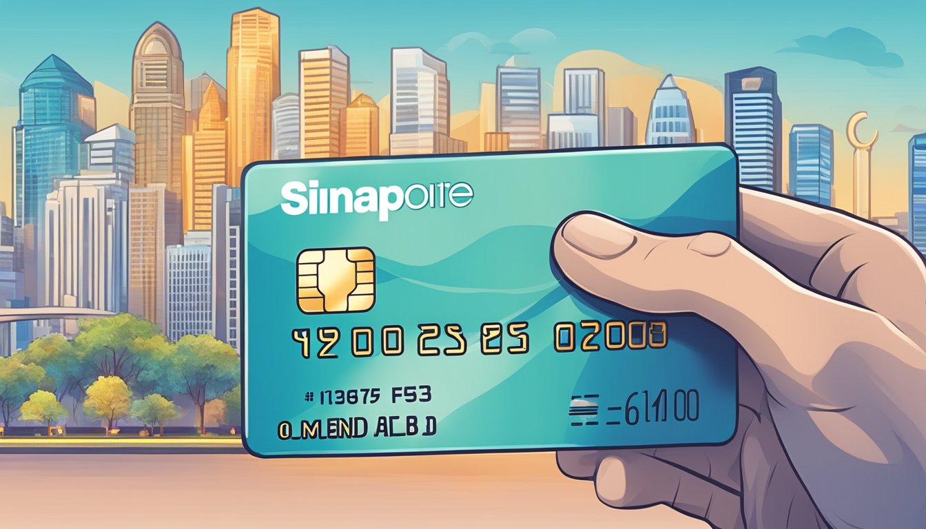 A hand holding a Citi M1 credit card with Singapore skyline and money symbols in the background