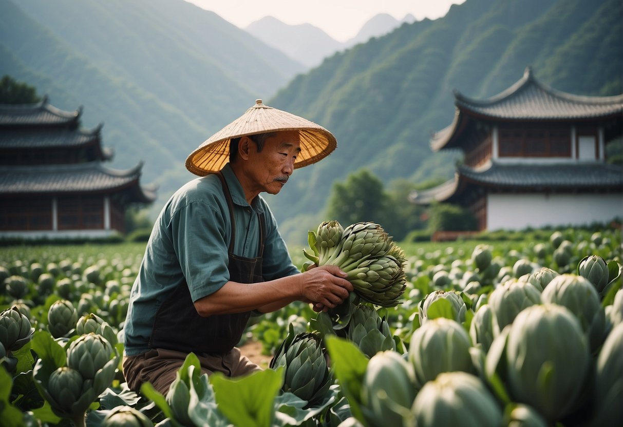 A Chinese farmer harvests artichokes in a lush green field, surrounded by traditional Chinese architecture and mountains in the background