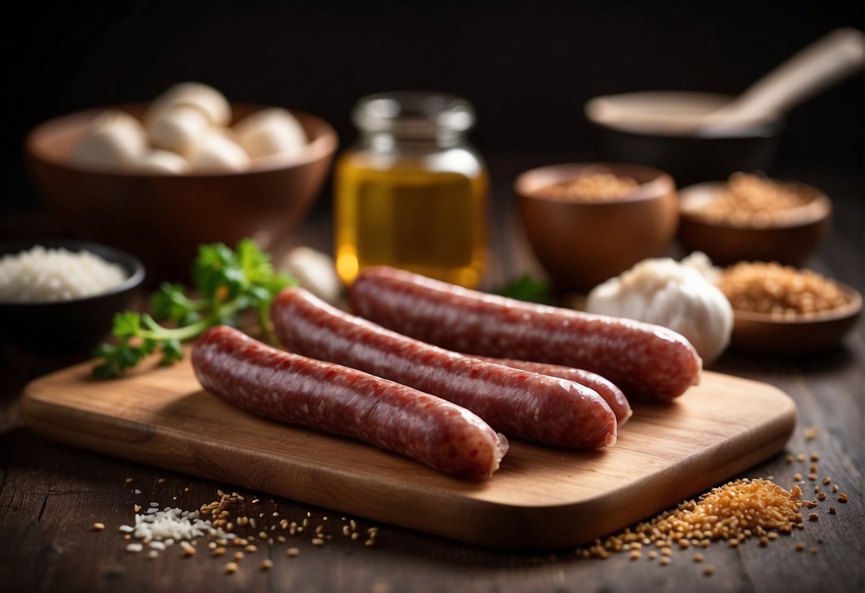 Chinese sausages sliced on cutting board, garlic and ginger minced in a bowl, soy sauce and sugar mixed in a small dish. Oil heating in a wok