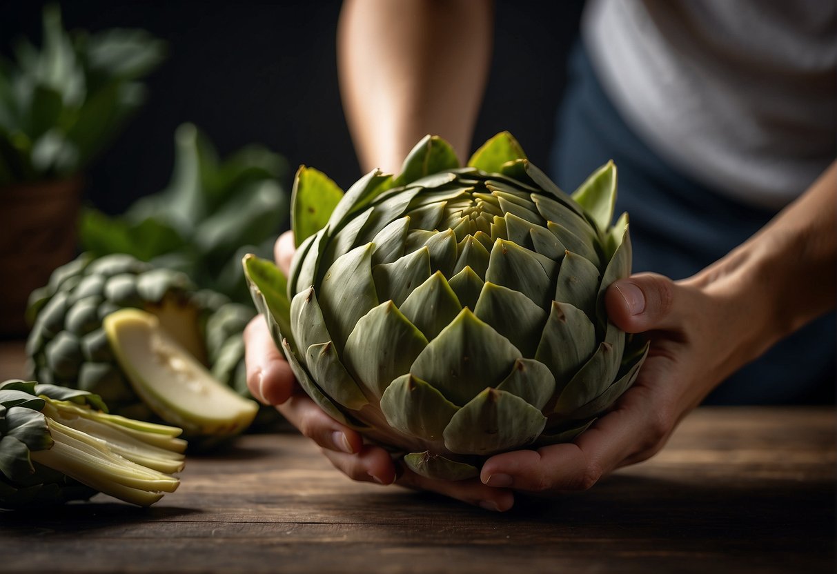 A hand reaches for a fresh artichoke, removing outer leaves. The artichoke is then sliced and prepared for a Chinese recipe