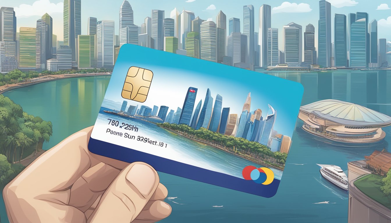 A hand holding a Citi M1 credit card against a backdrop of Singapore's iconic skyline, with the card prominently displayed