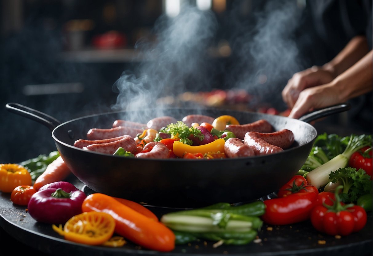 Chinese sausages sizzling in a hot wok with colorful vegetables and aromatic spices. Steam rising as the ingredients are tossed and mixed together to create the perfect stir fry