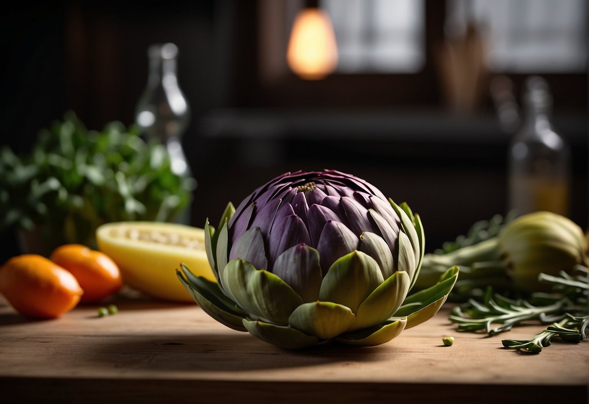 An artichoke is being prepared with Chinese ingredients, showcasing its nutritional values and health benefits. The vibrant colors and fresh produce are highlighted in the scene