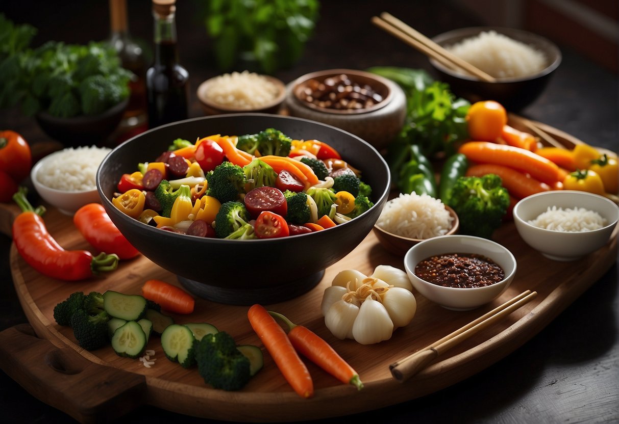 A table set with a colorful array of fresh vegetables, a sizzling wok filled with Chinese sausage stir fry, and a bottle of soy sauce and rice wine on the side