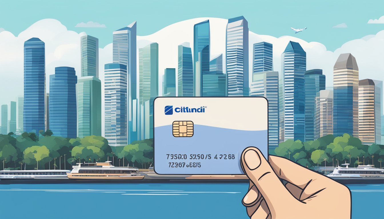 A hand holding a Citi M1 credit card with fine print details visible, set against a Singaporean backdrop