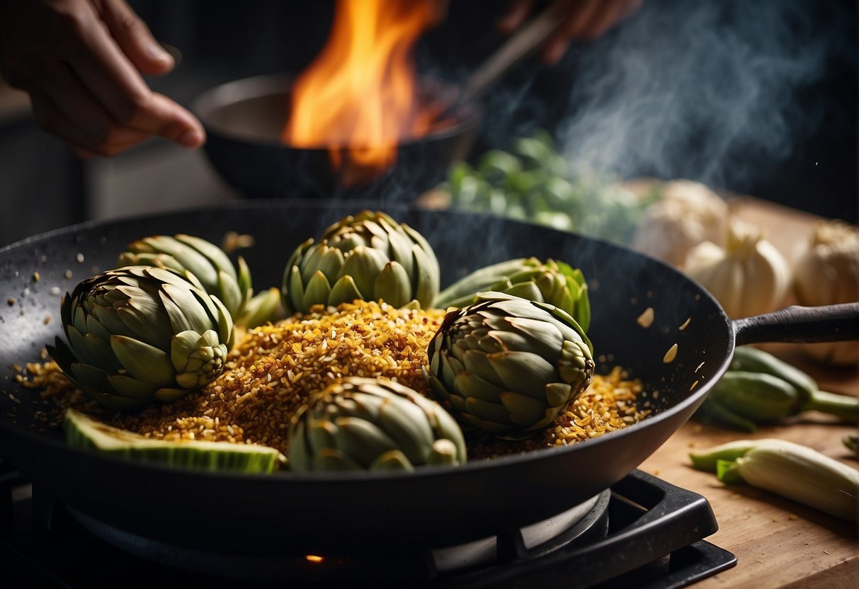 An artichoke being chopped and stir-fried with Chinese seasonings in a sizzling wok