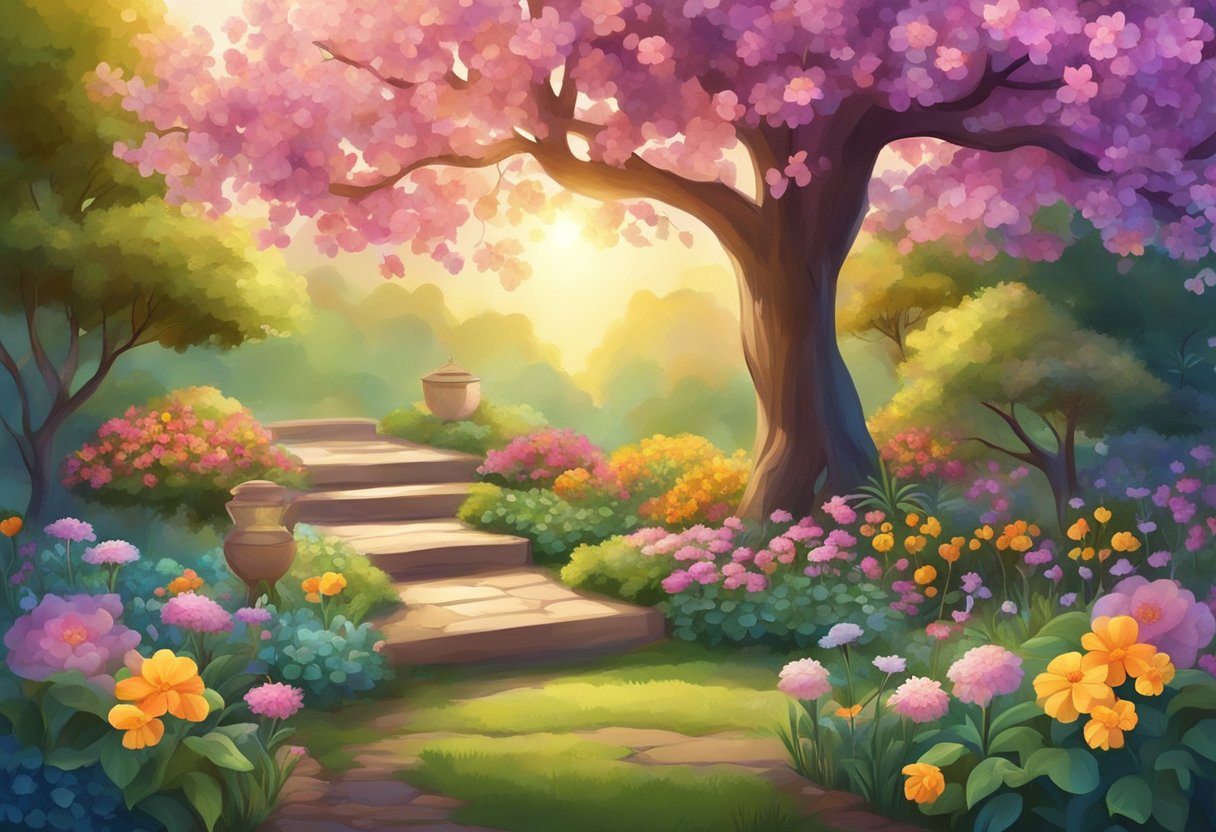 A blooming garden with a soft, warm glow. A tree with lush, vibrant leaves and colorful flowers, surrounded by symbols of fertility and growth