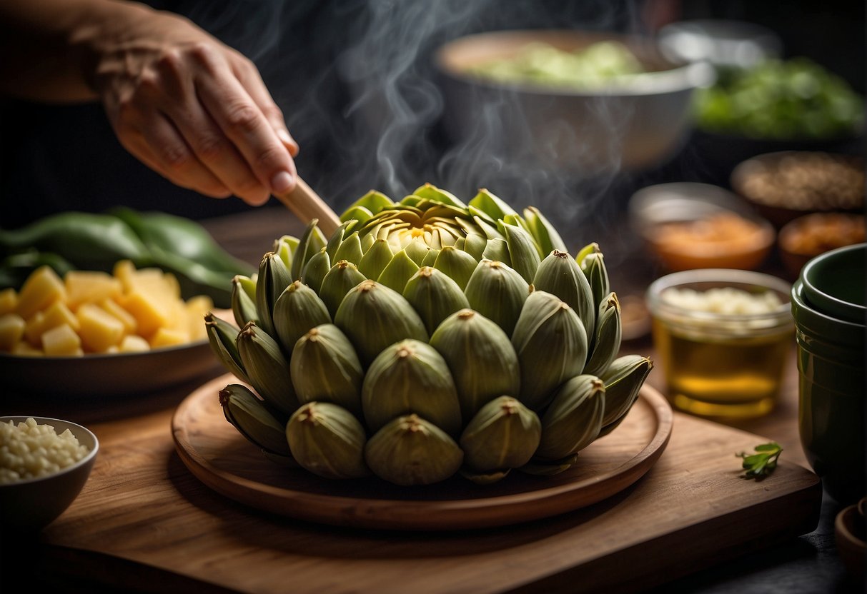 An artichoke being prepped and cooked using Chinese techniques, with ingredients like soy sauce and ginger