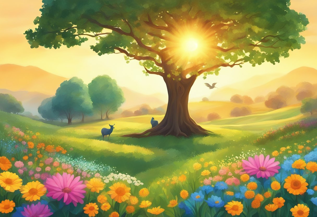 A blooming field with a motherly tree, surrounded by vibrant flowers and animals. The sun shines down, casting a warm and nurturing glow over the scene