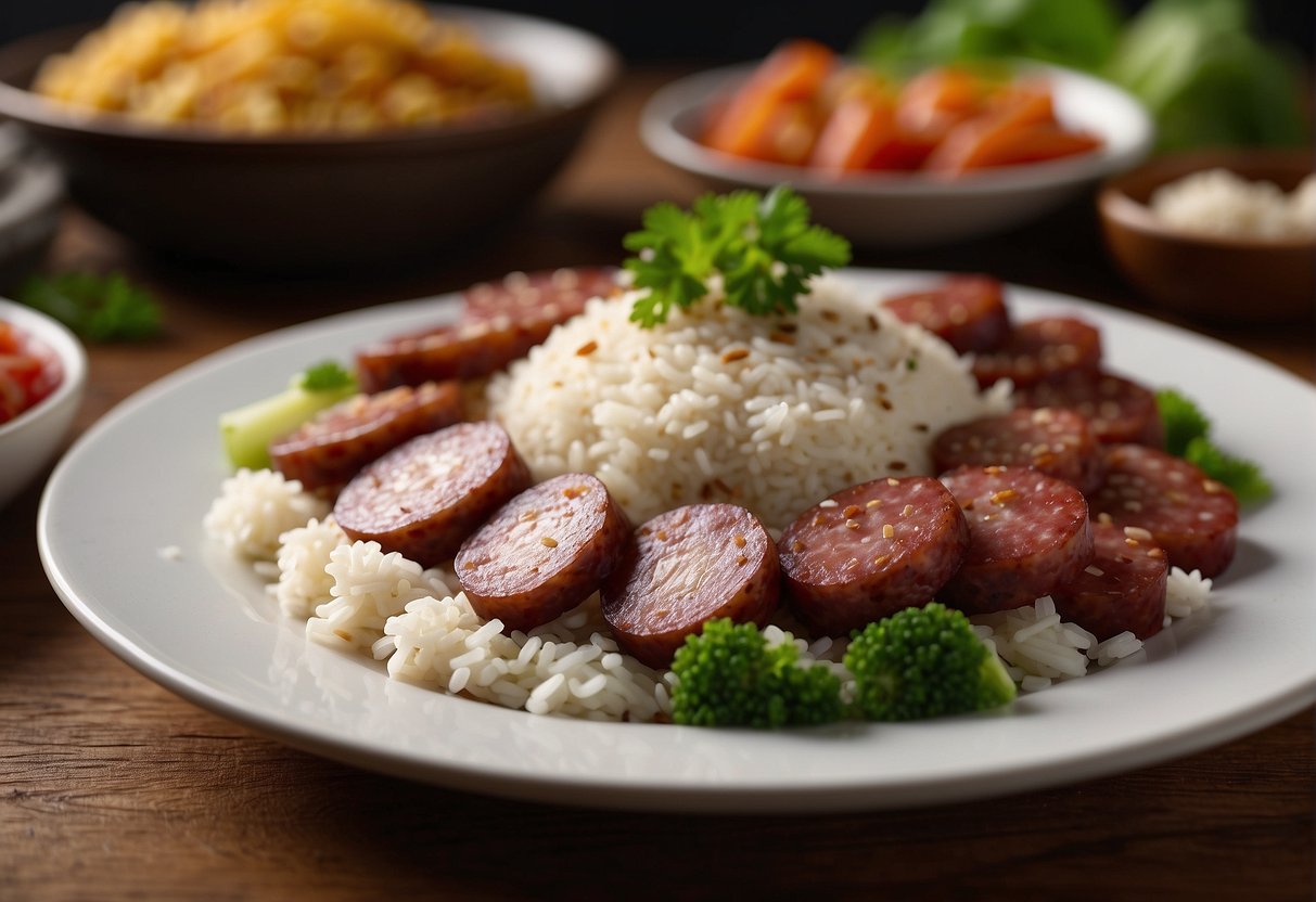 A plate of steaming Chinese sausage rice with sliced sausages, mixed vegetables, and a sprinkle of sesame seeds on a wooden table