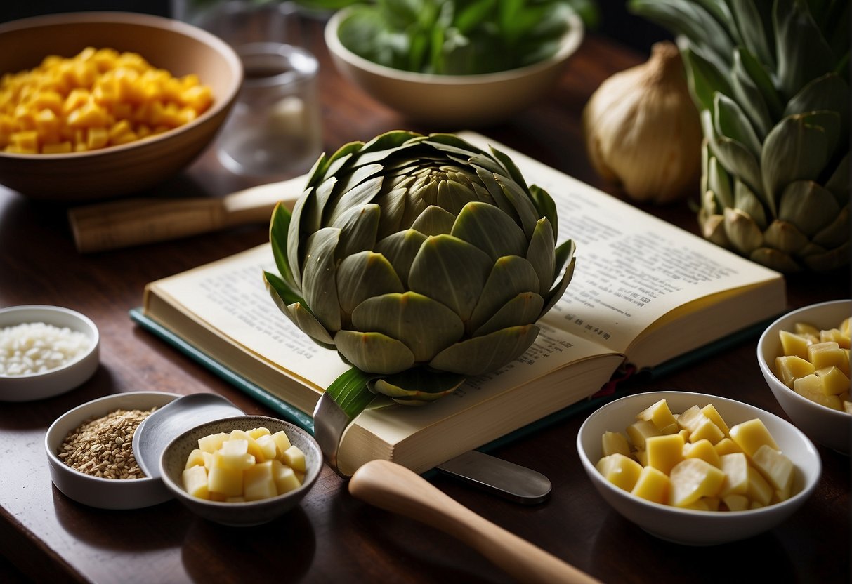 An artichoke being prepared with Chinese ingredients in a kitchen setting. Ingredients and utensils scattered around, with a recipe book open to the "Frequently Asked Questions" section