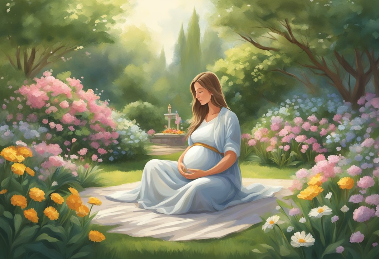 An expectant mother sits in a peaceful garden, surrounded by blooming flowers and lush greenery, as she recites a prayer for fertility and a healthy pregnancy