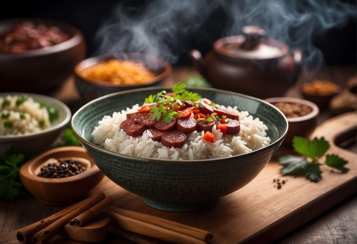 A steaming bowl of fragrant Chinese sausage rice sits on a wooden table, surrounded by traditional Chinese spices and ingredients