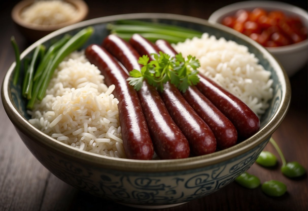 A bowl of Chinese sausage, sliced and mixed with cooked rice. Ingredients for the recipe, including soy sauce and green onions, are arranged nearby