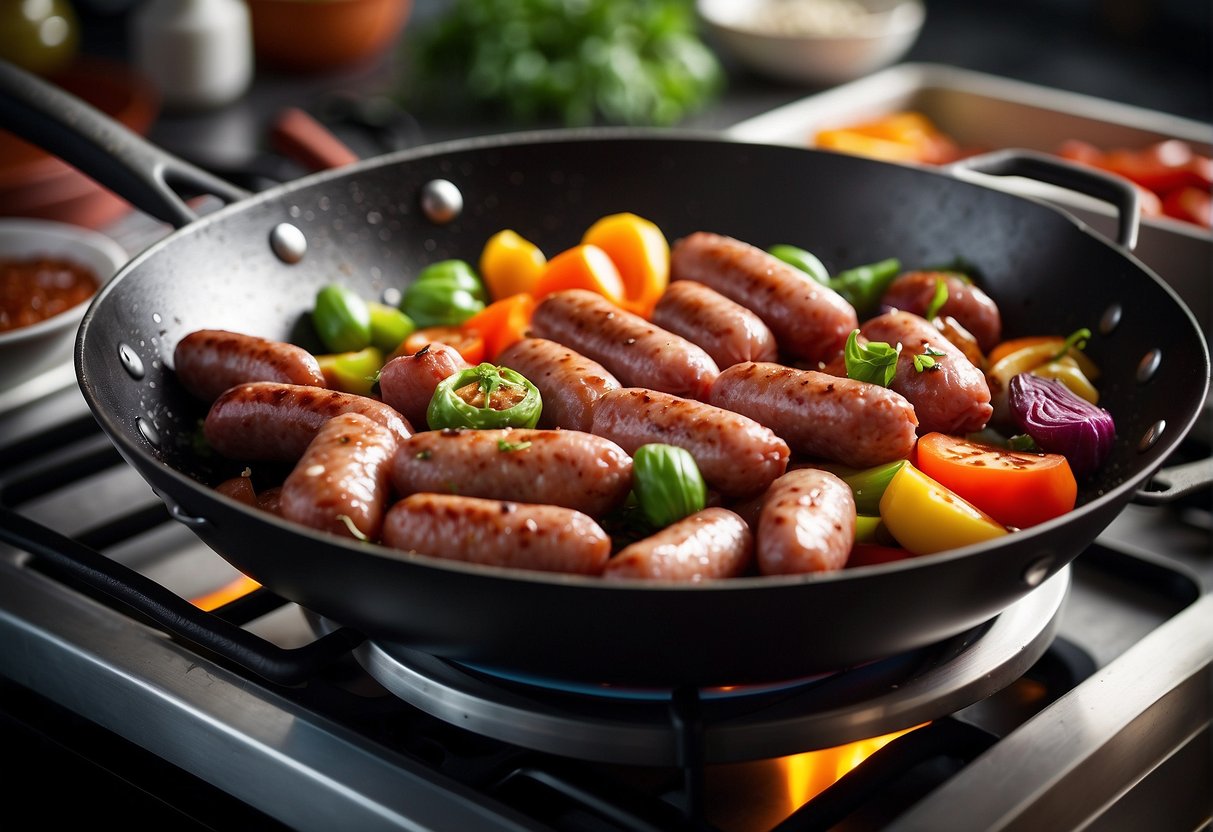 Chinese sausages sizzling in a wok with colorful vegetables and savory sauce, surrounded by various cooking utensils on a kitchen counter