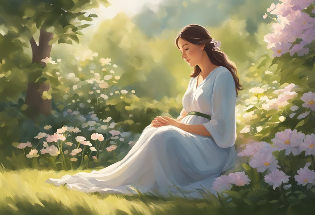 A serene, expectant mother sits in a peaceful garden, surrounded by blooming flowers and gentle sunlight, with a look of hope and anticipation on her face