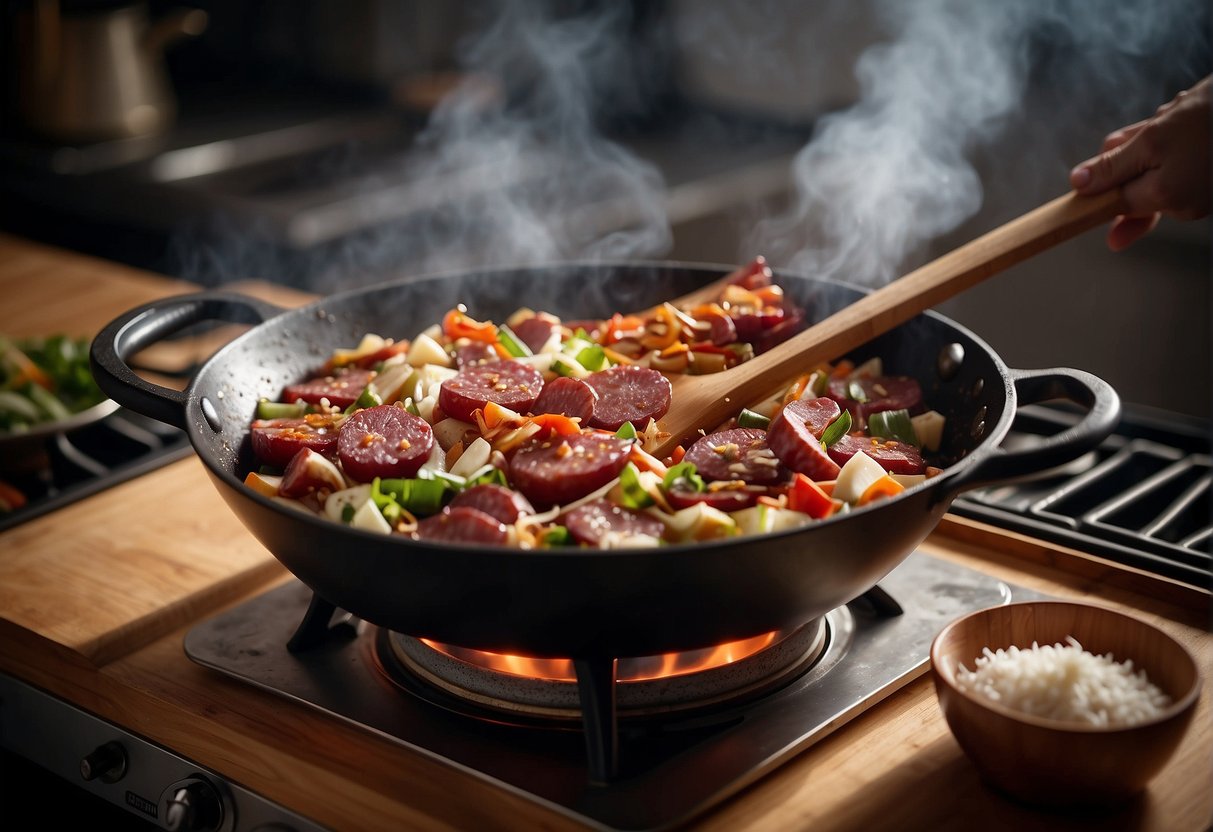 A wok sizzles with Chinese sausage, garlic, and ginger. A pot of rice steams on the stove. A wooden spatula stirs the ingredients together