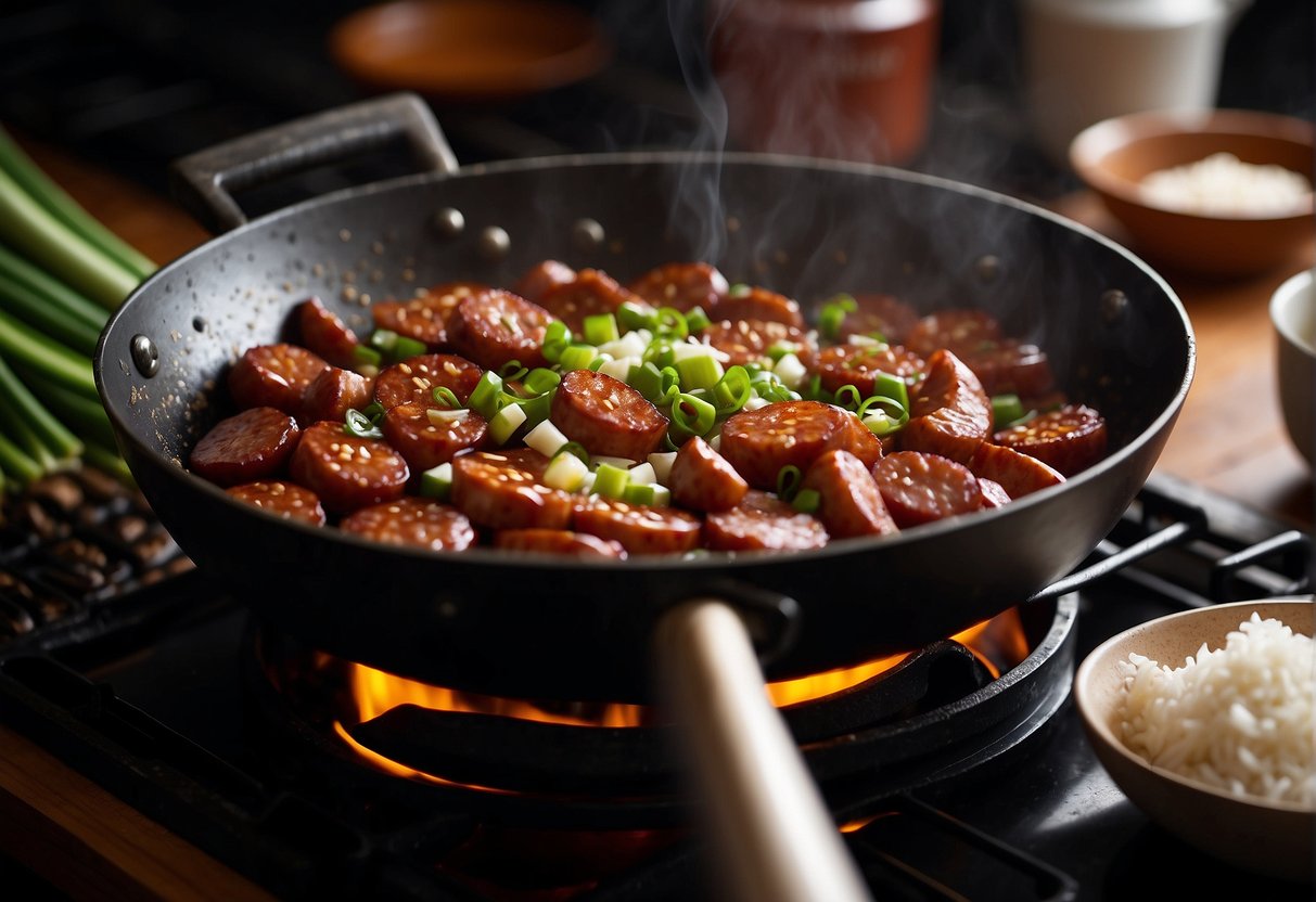 A wok sizzles as Chinese sausages are fried with garlic and ginger. Rice is added and stir-fried with soy sauce and green onions