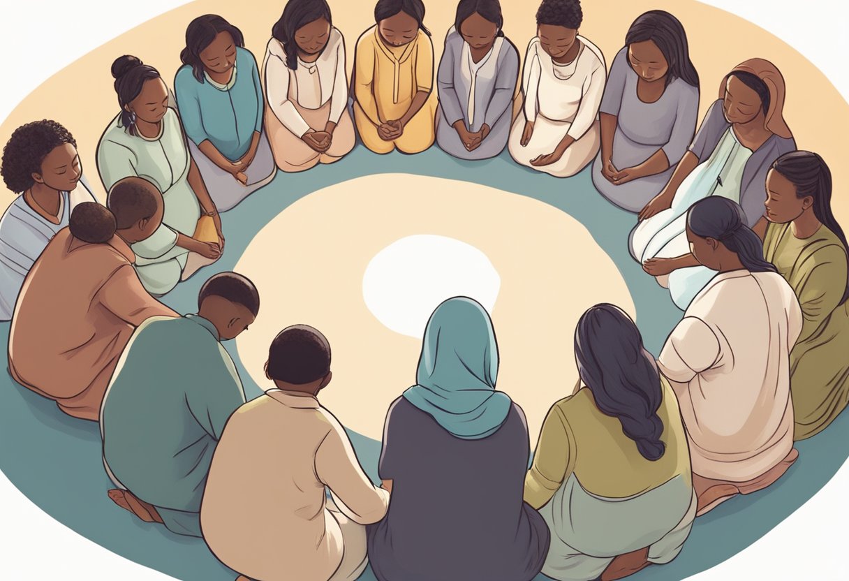 A group of people gather in a circle, holding hands, and bowing their heads in prayer. A sense of support and community is evident as they surround an expectant mother, sending their positive energy and blessings for fertility and a healthy pregnancy