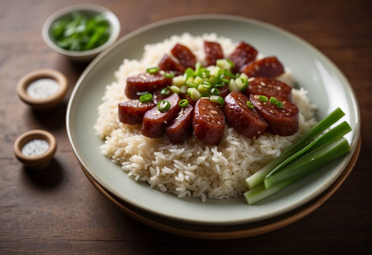 A plate of Chinese sausage rice, garnished with green onions and sesame seeds, sits on a wooden table next to a pair of chopsticks