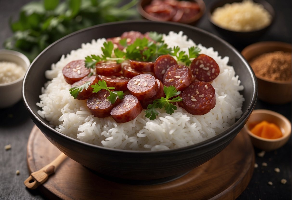A bowl of steaming rice topped with sliced Chinese sausage, surrounded by ingredients and utensils for cooking