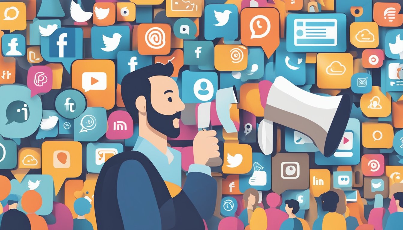 A person holding a megaphone, surrounded by various social media icons and symbols, with a crowd of followers and engagement metrics in the background