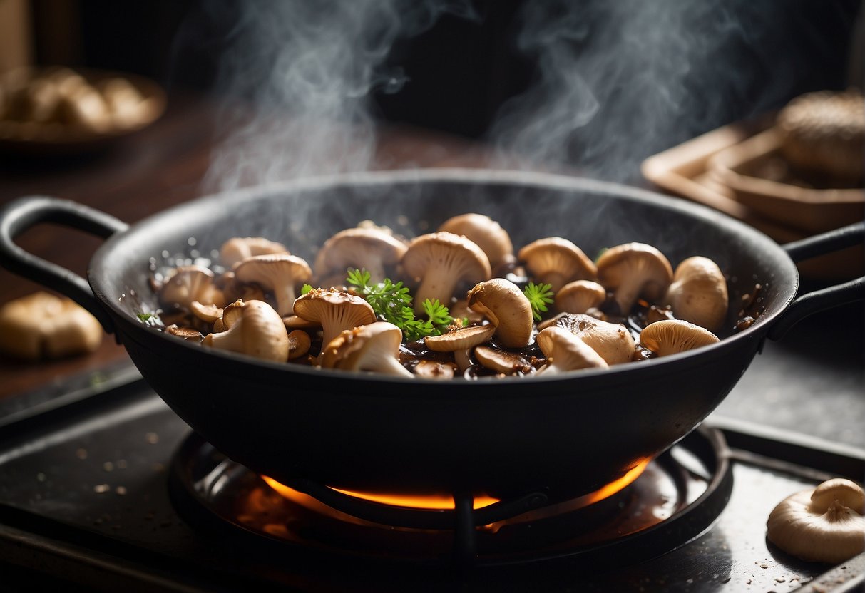 Sizzling mushrooms in a wok with garlic, ginger, and soy sauce. Steam rising, rich aroma fills the kitchen