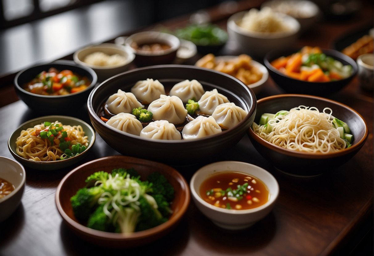 A table filled with various traditional Chinese dishes, including steamed dumplings, stir-fried vegetables, and noodle soup