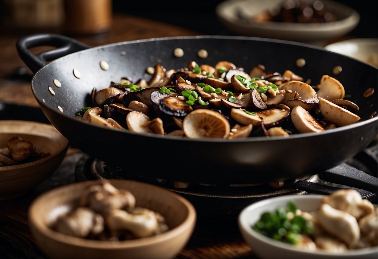 A wok sizzles with earthy shiitake and oyster mushrooms, stir-fried with garlic, ginger, and soy sauce, creating a savory aroma