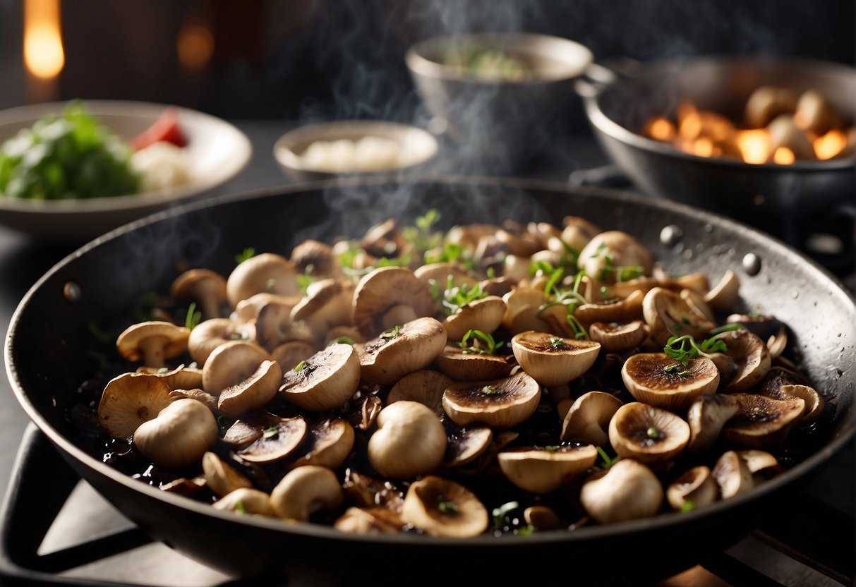 Mushrooms sizzling in a hot wok with garlic, ginger, and soy sauce. Steam rising as they are tossed and sautéed until tender and fragrant