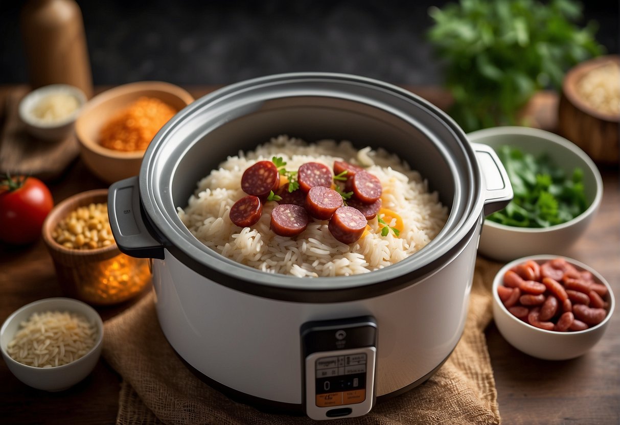A rice cooker filled with Chinese sausage rice, surrounded by ingredients and a nutritional information label