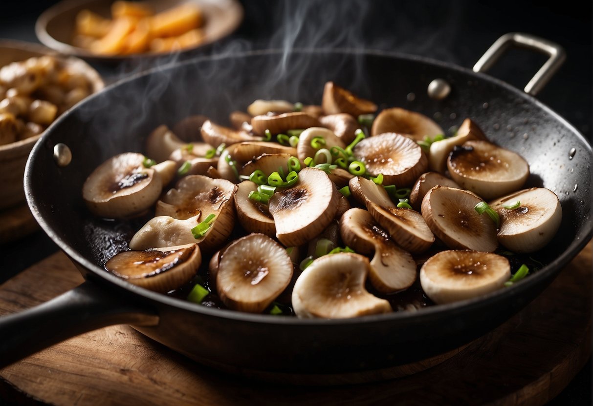 Sliced shiitake and button mushrooms sizzle in a hot wok with garlic, ginger, and soy sauce. Steam rises as the mushrooms cook to a golden brown, emitting a savory aroma