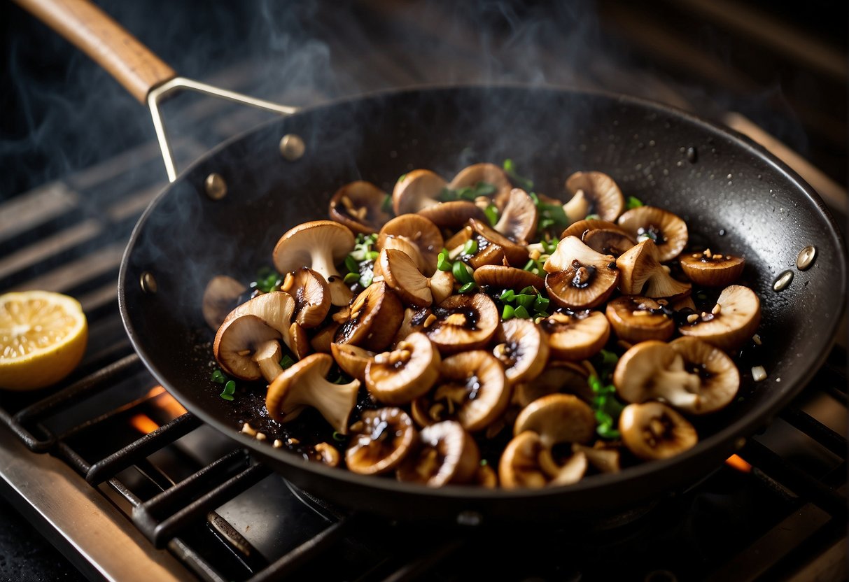 A wok sizzles as mushrooms, garlic, and ginger are sautéed in soy sauce and sesame oil. The aroma of umami fills the air as the mushrooms caramelize and release their savory juices