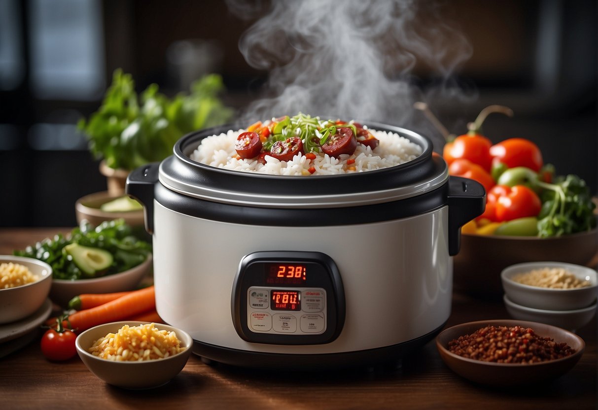 A steaming rice cooker filled with fluffy, fragrant Chinese sausage rice, surrounded by small dishes of soy sauce, chili oil, and pickled vegetables
