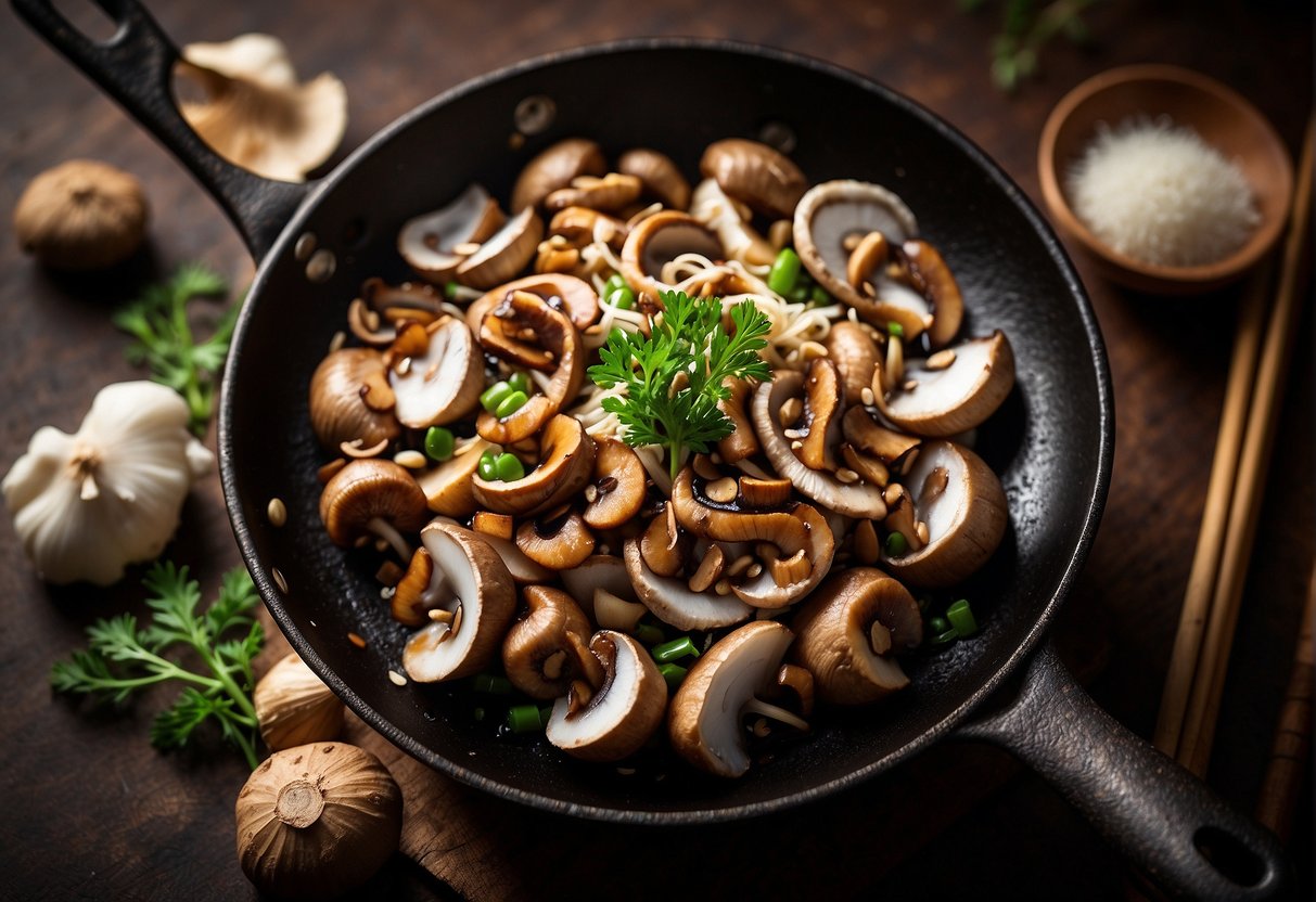 A wok sizzles with sliced shiitake, oyster, and enoki mushrooms. Ginger, garlic, and soy sauce add aroma and flavor