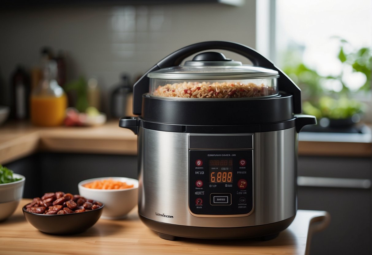 A rice cooker sits on a kitchen counter, filled with steaming Chinese sausage rice. Leftover ingredients and storage containers clutter the background