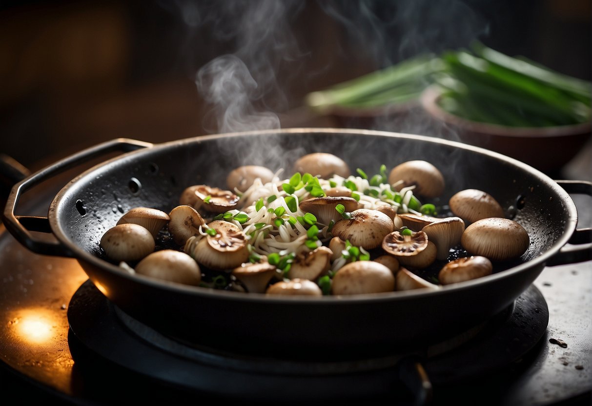 Mushrooms sizzling in a wok with garlic and ginger, steam rising, soy sauce being drizzled in, and a sprinkle of green onions on top