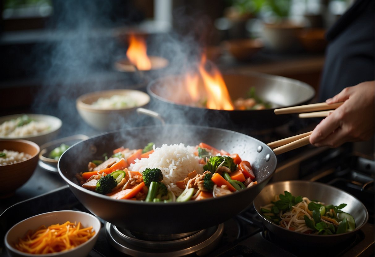 A wok sizzles as veggies and meats are stir-fried. Steam rises from rice cooking in a pot. Chopsticks and bowls sit ready on the table