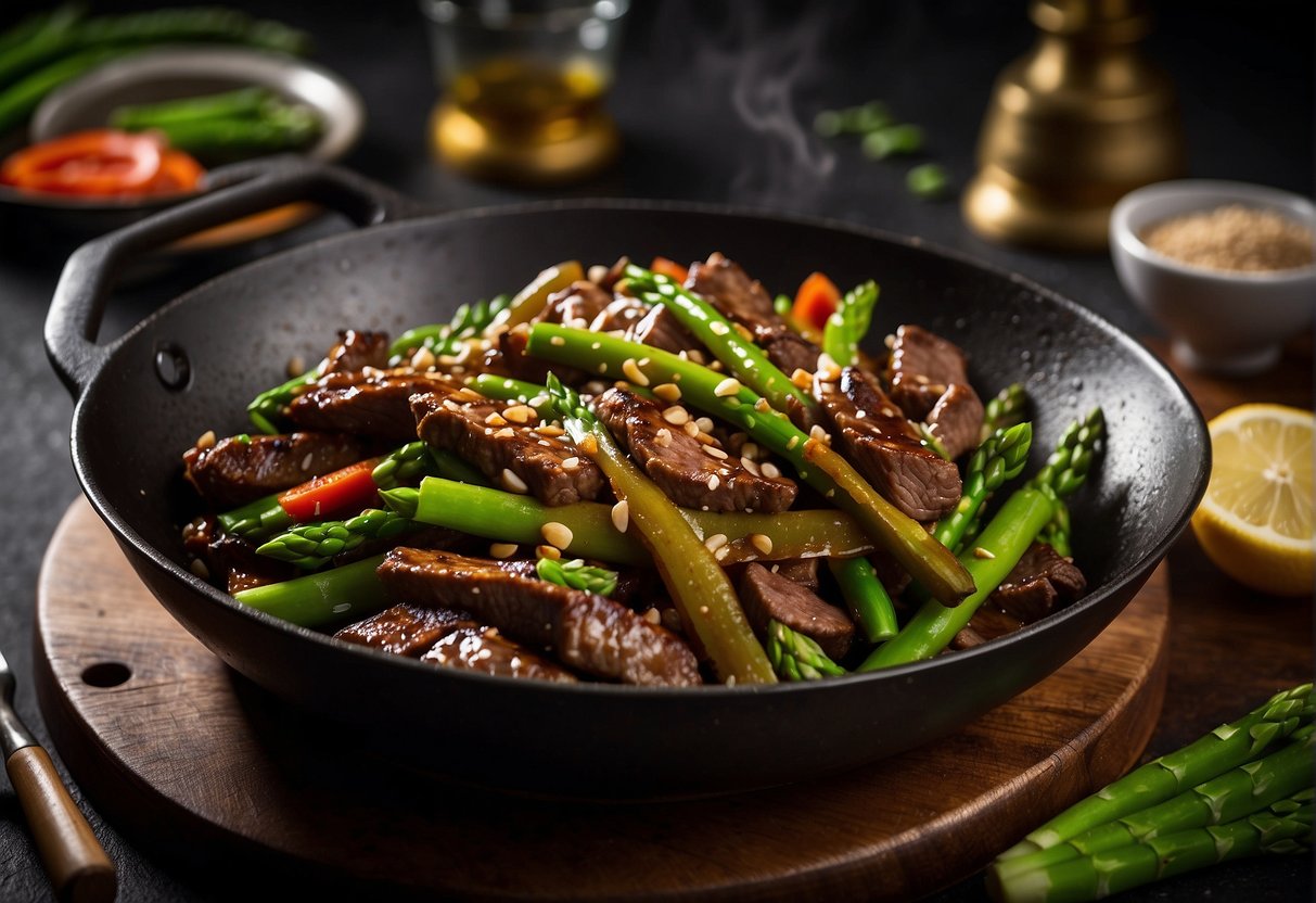 A sizzling wok stir-fries tender beef strips with vibrant green asparagus, sizzling in a savory Chinese sauce