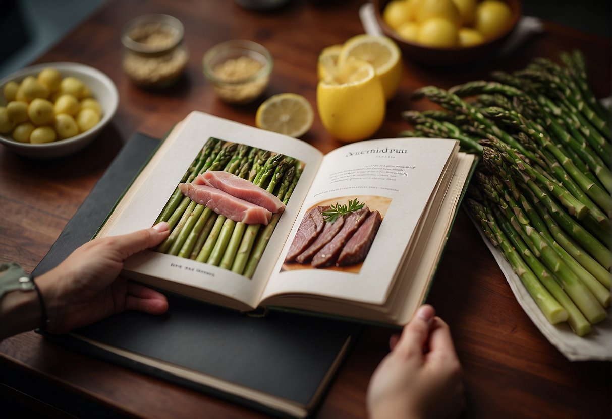 A hand reaching for fresh asparagus and beef, with a Chinese recipe book open on the counter