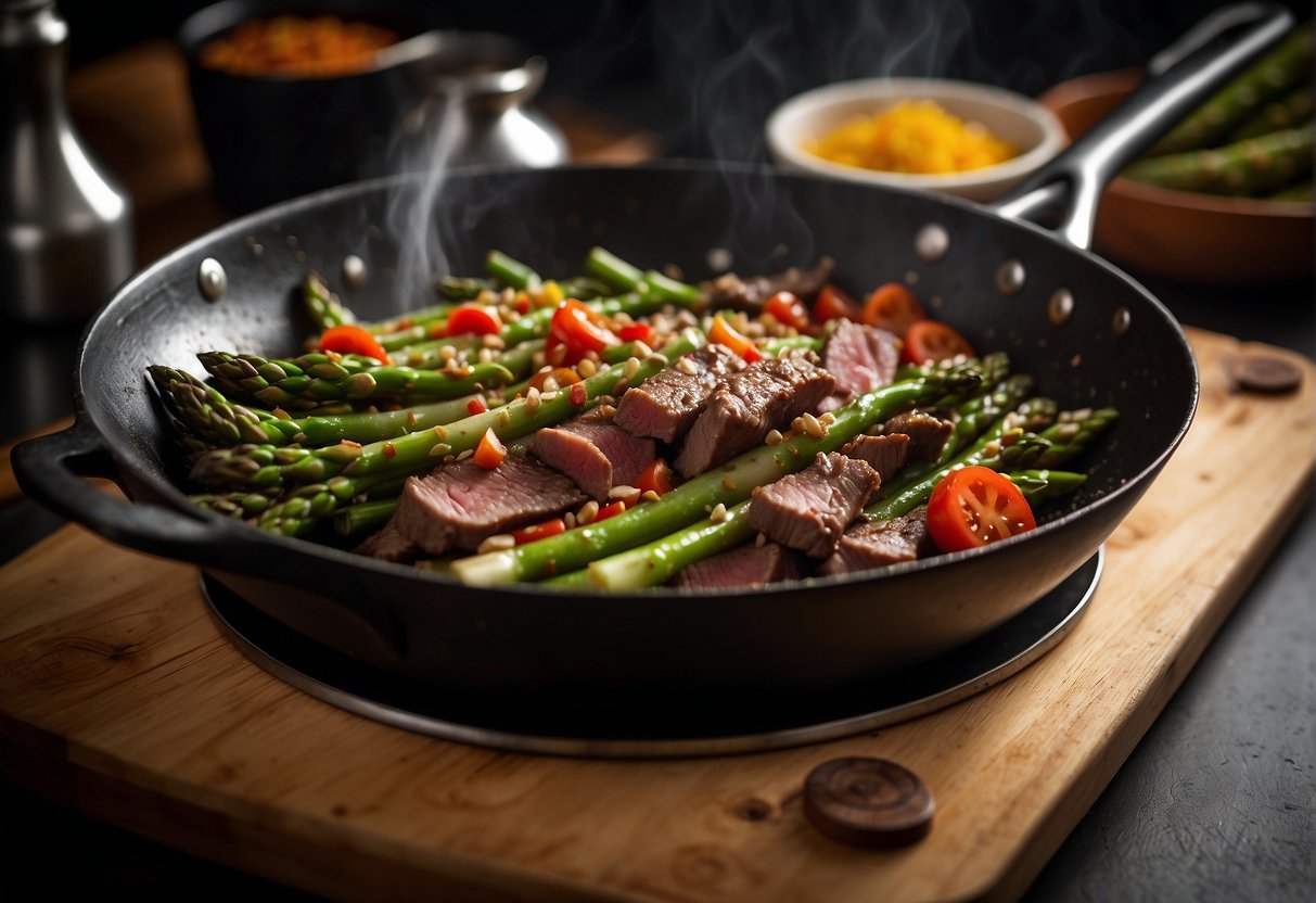 Asparagus and beef being stir-fried in a wok with Chinese seasonings and sauces. Chopped vegetables and spices are laid out on a cutting board nearby