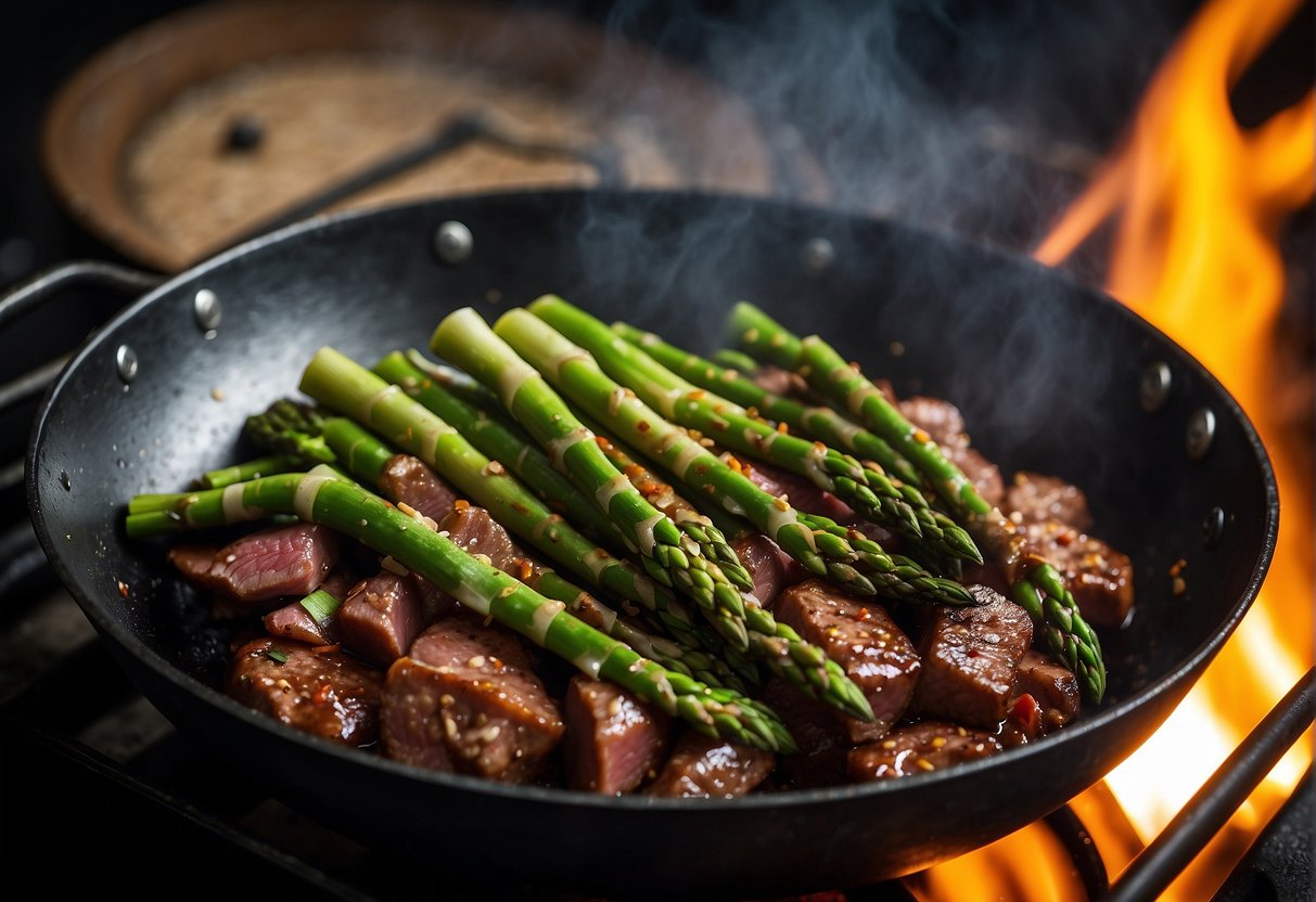 Asparagus and beef sizzling in a wok with Chinese spices