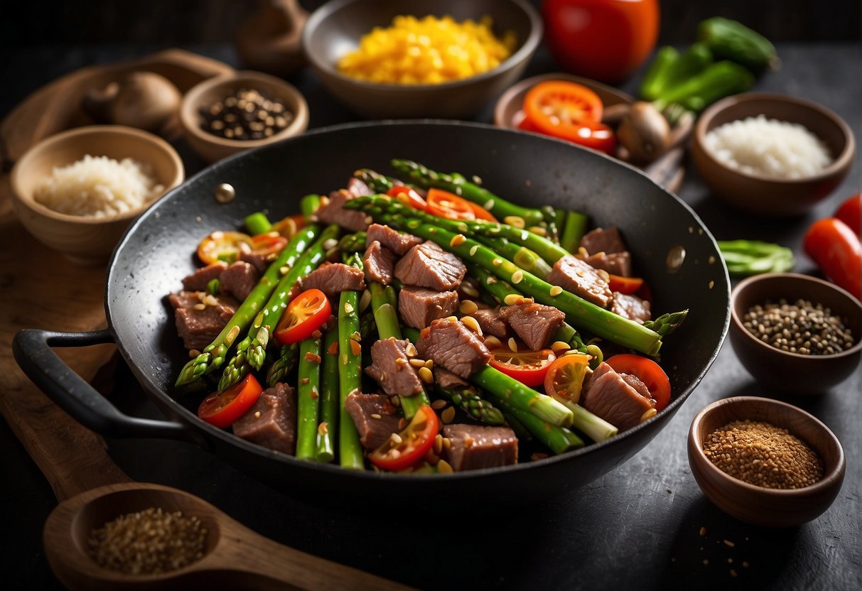 Asparagus and beef stir-fry sizzling in a wok, surrounded by Chinese spices and sauces, with a nutritional information label in the foreground