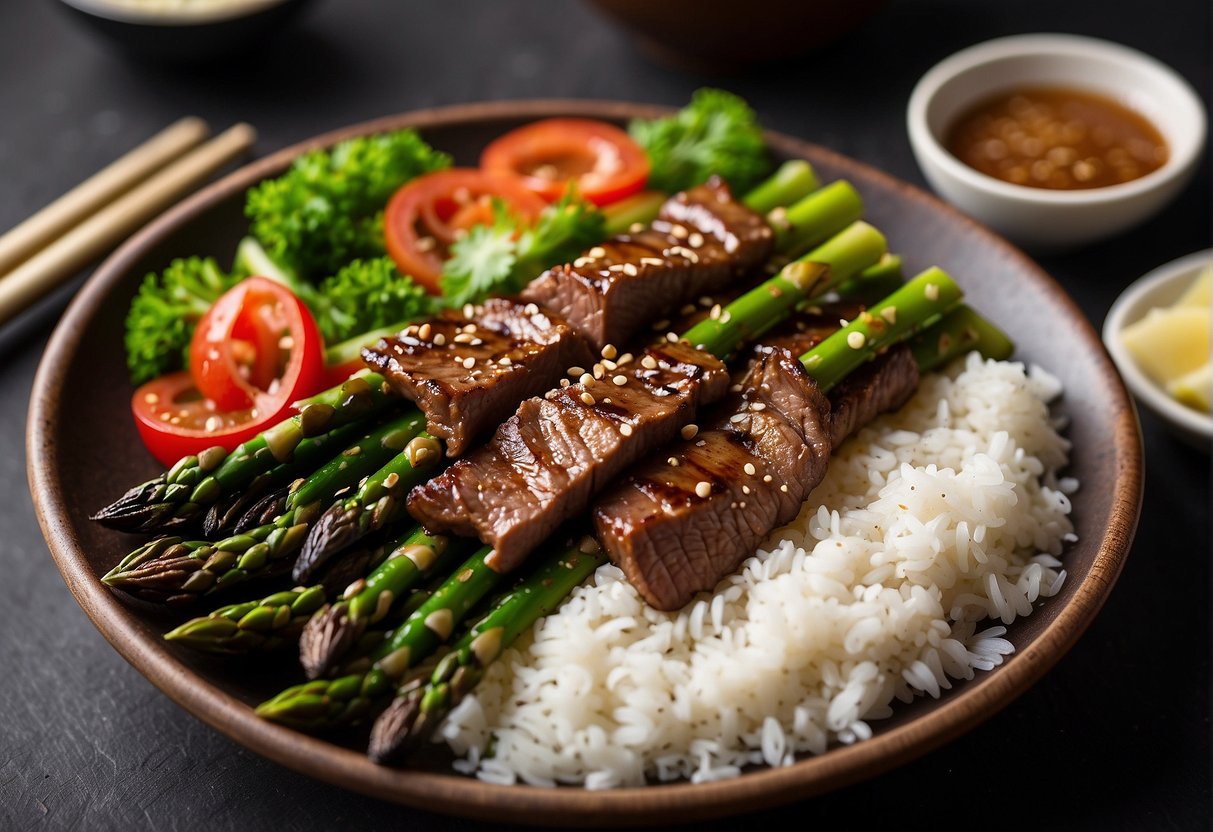 A platter of grilled asparagus and beef stir-fry, garnished with sesame seeds and served with a side of steamed rice