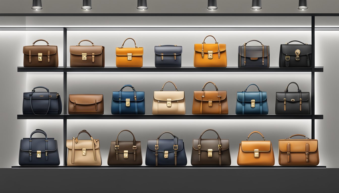A display of luxurious branded bags for men arranged on a sleek, modern shelf in a high-end boutique